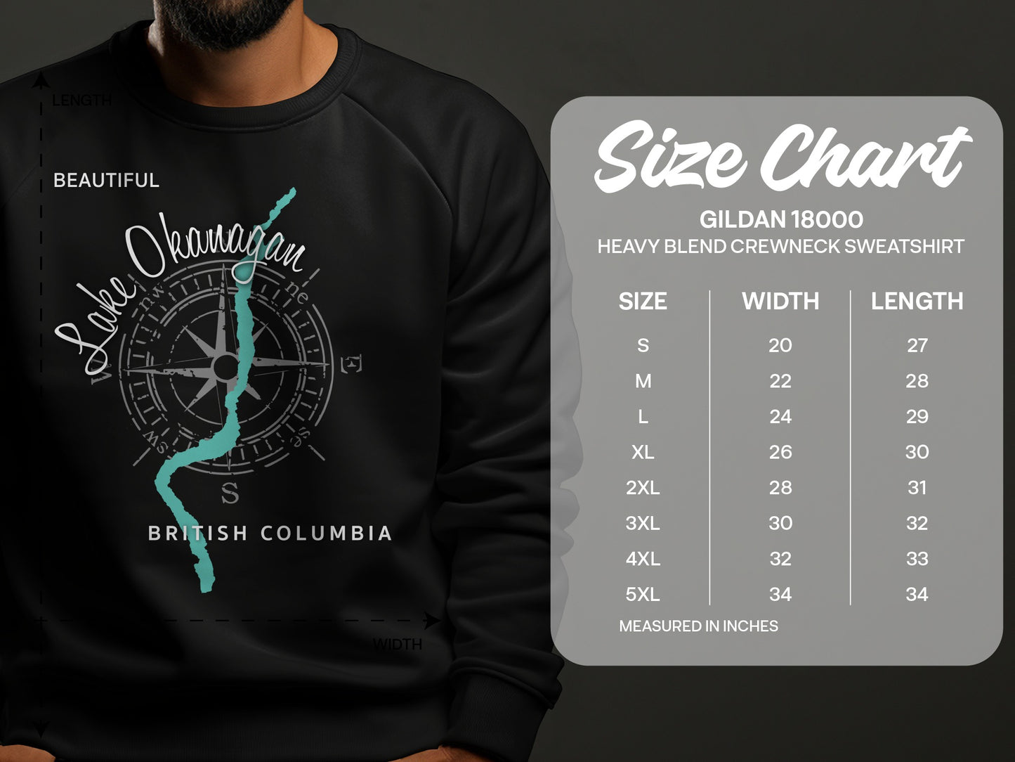 Sweatshirt with Lake Okanagan and compass graphic, with size chart.
