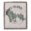 Woven blanket with "MARCO ISLAND FLORIDA" text and a map outline.