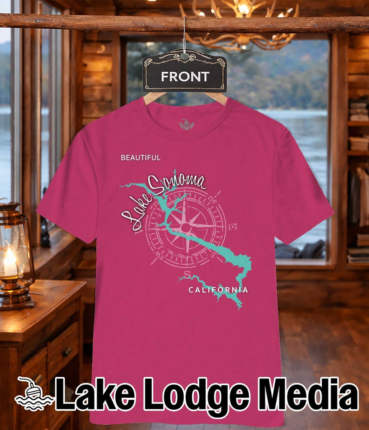 Pink t-shirt with "Lake Sonoma California" map and compass design.