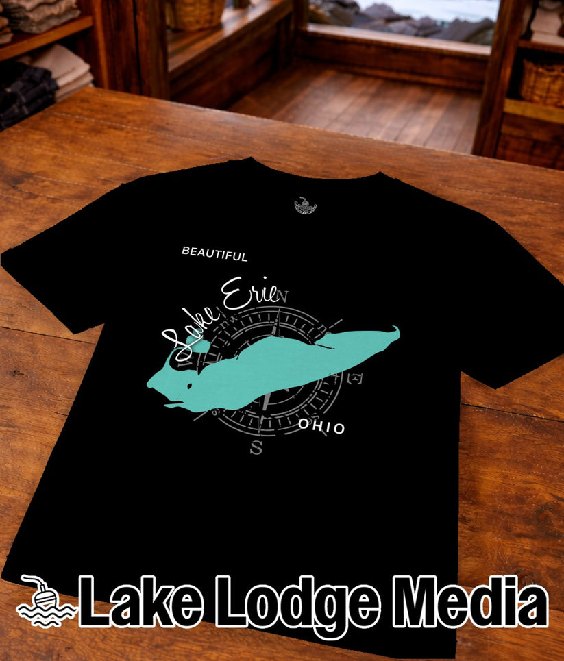 Black t-shirt with Lake Erie outline, compass, and "Beautiful Lake Erie Ohio" text.