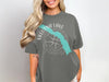Charcoal gray t-shirt with Eklutna Lake Alaska graphic and compass rose design.