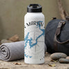 White thermos with "MARTIN" text and a blue lake map design with compass.