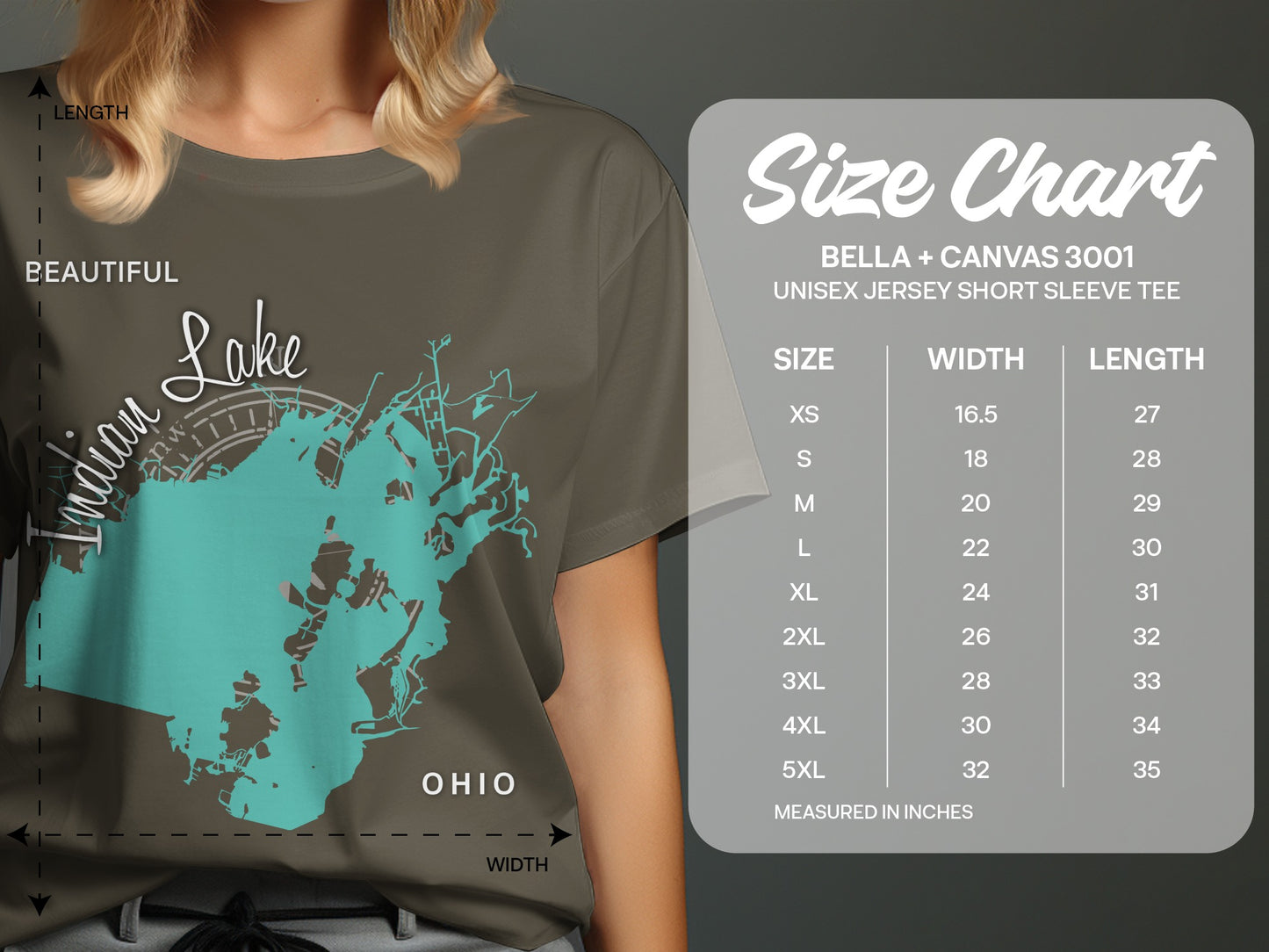 T-shirt size chart for Bella + Canvas 3001 unisex tee with lake graphic.