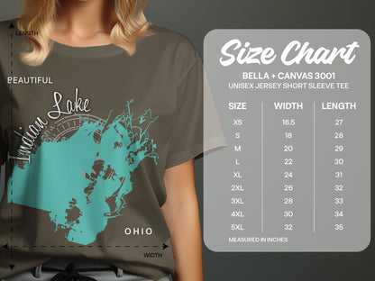 T-shirt size chart for Bella + Canvas 3001 unisex tee with lake graphic.