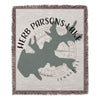 Woven blanket with a grey map graphic and text "Herb Parsons Lake Tennessee."