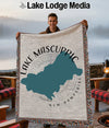 Lake Mascuppic New Hampshire map woven throw blanket with fringed edges.