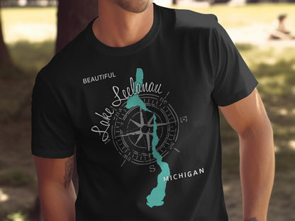 Black t-shirt with "Lake Leelanau Michigan" and compass graphic.