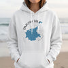 White hoodie with Timothy Lake Oregon map and compass graphic.