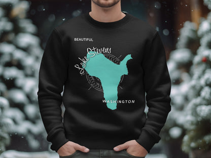 Black sweatshirt with teal Lake Stevens Washington map and compass graphic.