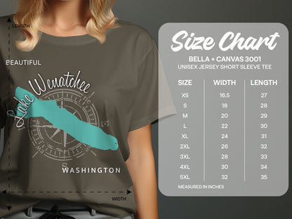 T-shirt size chart for Bella + Canvas 3001 unisex short sleeve tee.