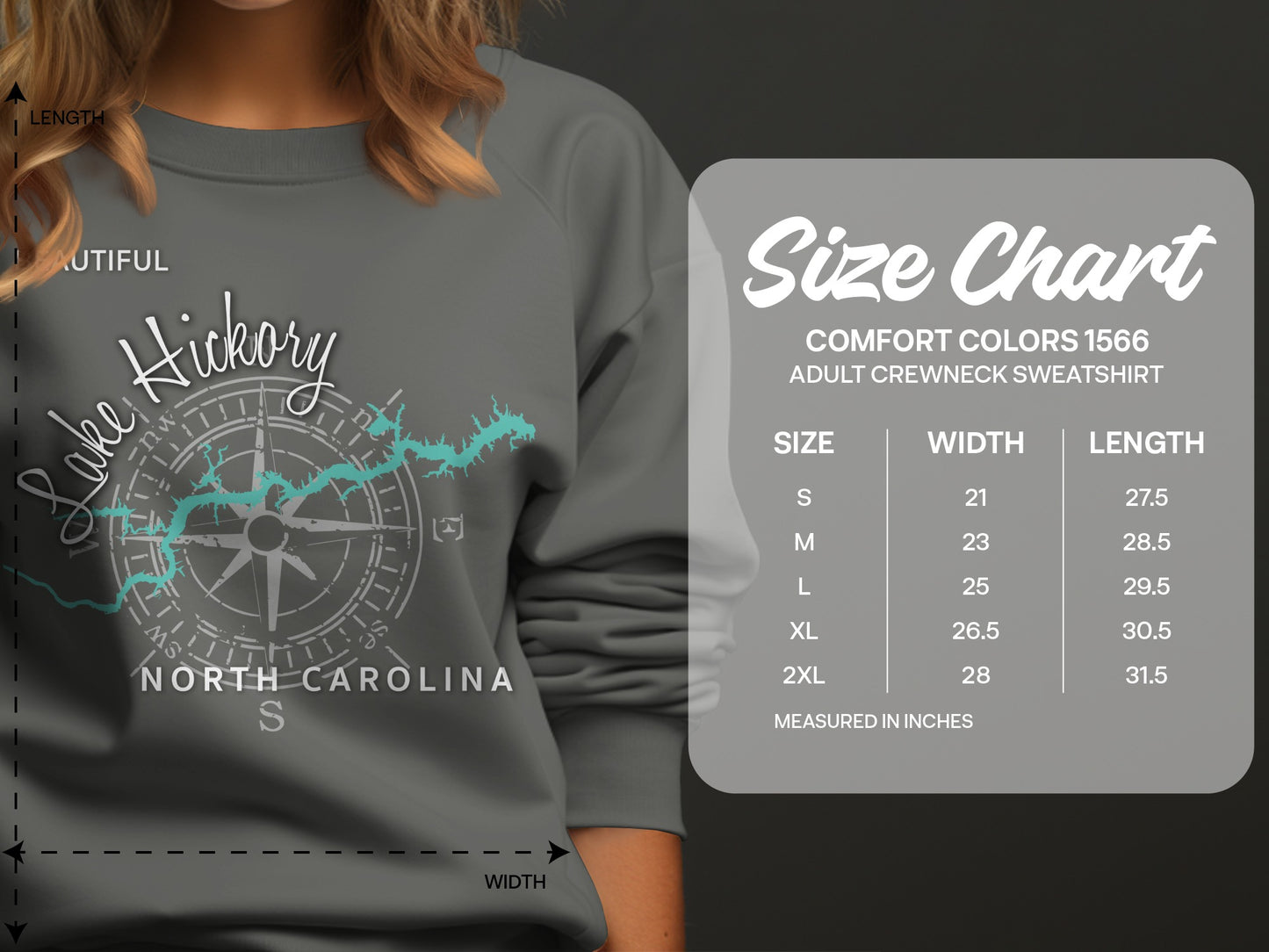 Comfort Colors 1566 adult crewneck sweatshirt size chart with measurements.