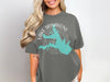 Grey t-shirt with turquoise Lake Tawakoni map and compass design and "Texas" text.