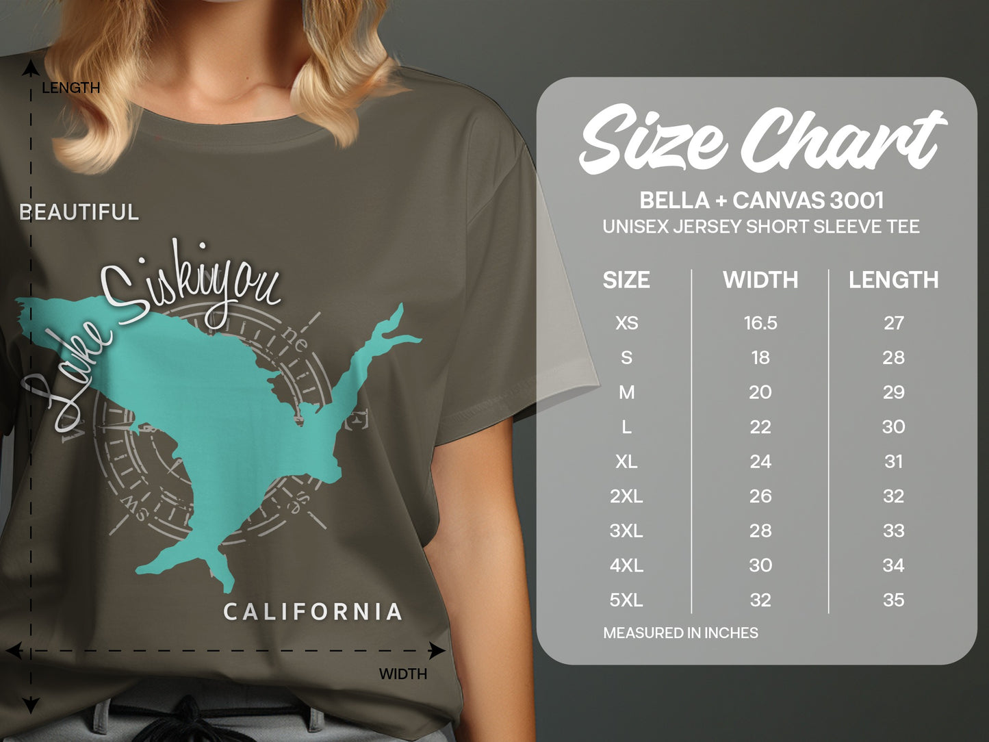 Bella + Canvas 3001 size chart for unisex short sleeve tees in inches.