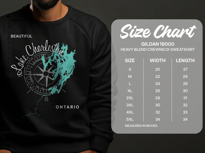 Sweatshirt size chart with Charleston, SC map graphic and garment dimensions.