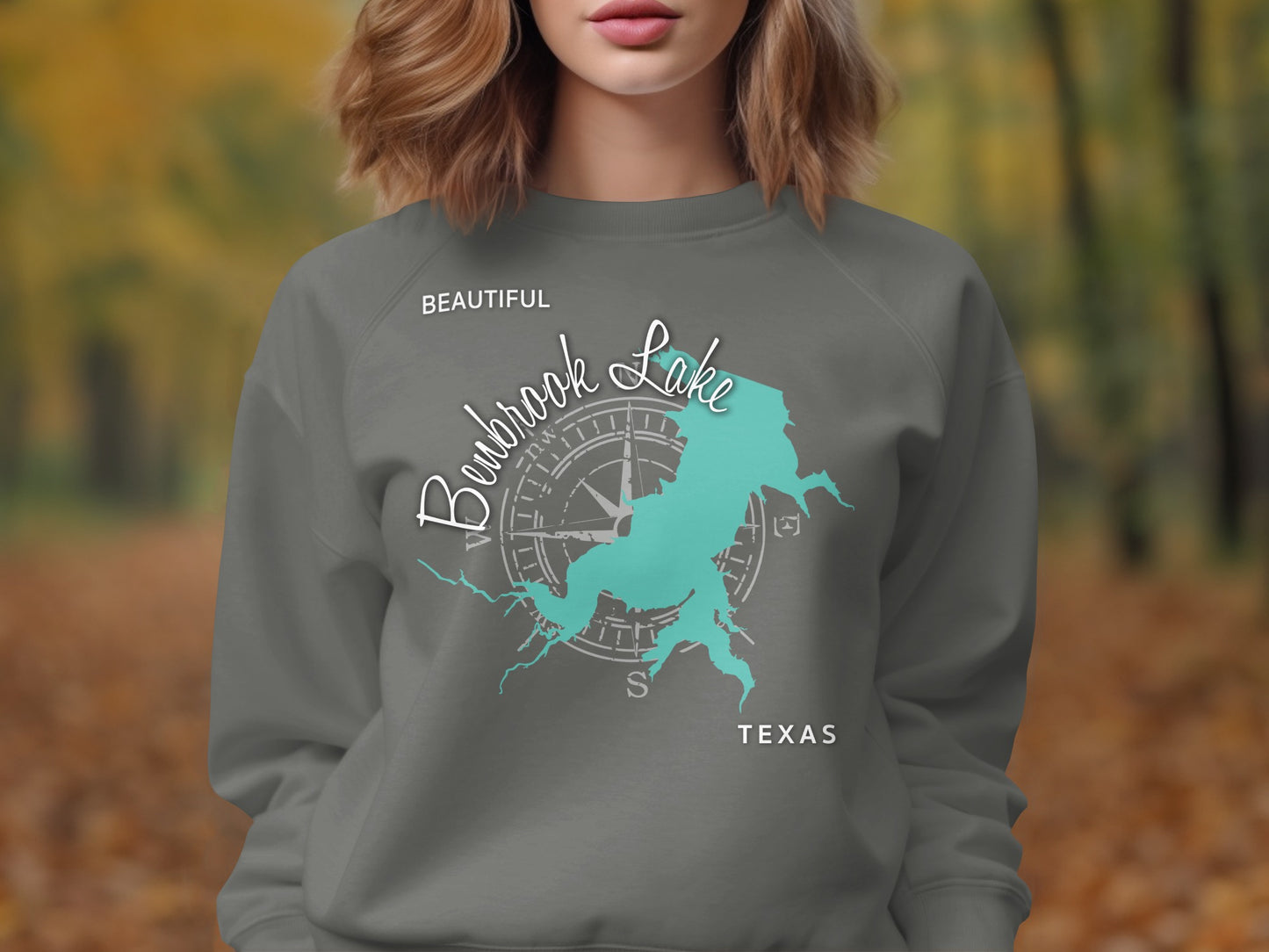 Grey sweatshirt with teal Bubbrook Lake map graphic and compass rose.