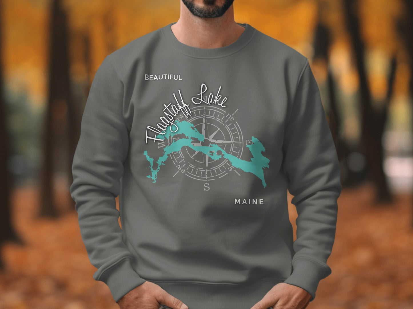 Crewneck sweatshirt featuring a map of Flagstaff Lake with a compass rose.