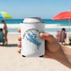 White can cooler held on a beach with "Lake Winnipesauke New Hampshire" text and map.