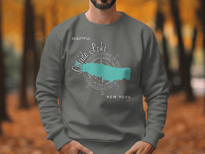 Sweatshirt featuring a turquoise Oneida Lake map with compass and "NEW YORK" text.