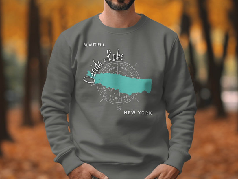 Sweatshirt featuring a turquoise Oneida Lake map with compass and "NEW YORK" text.