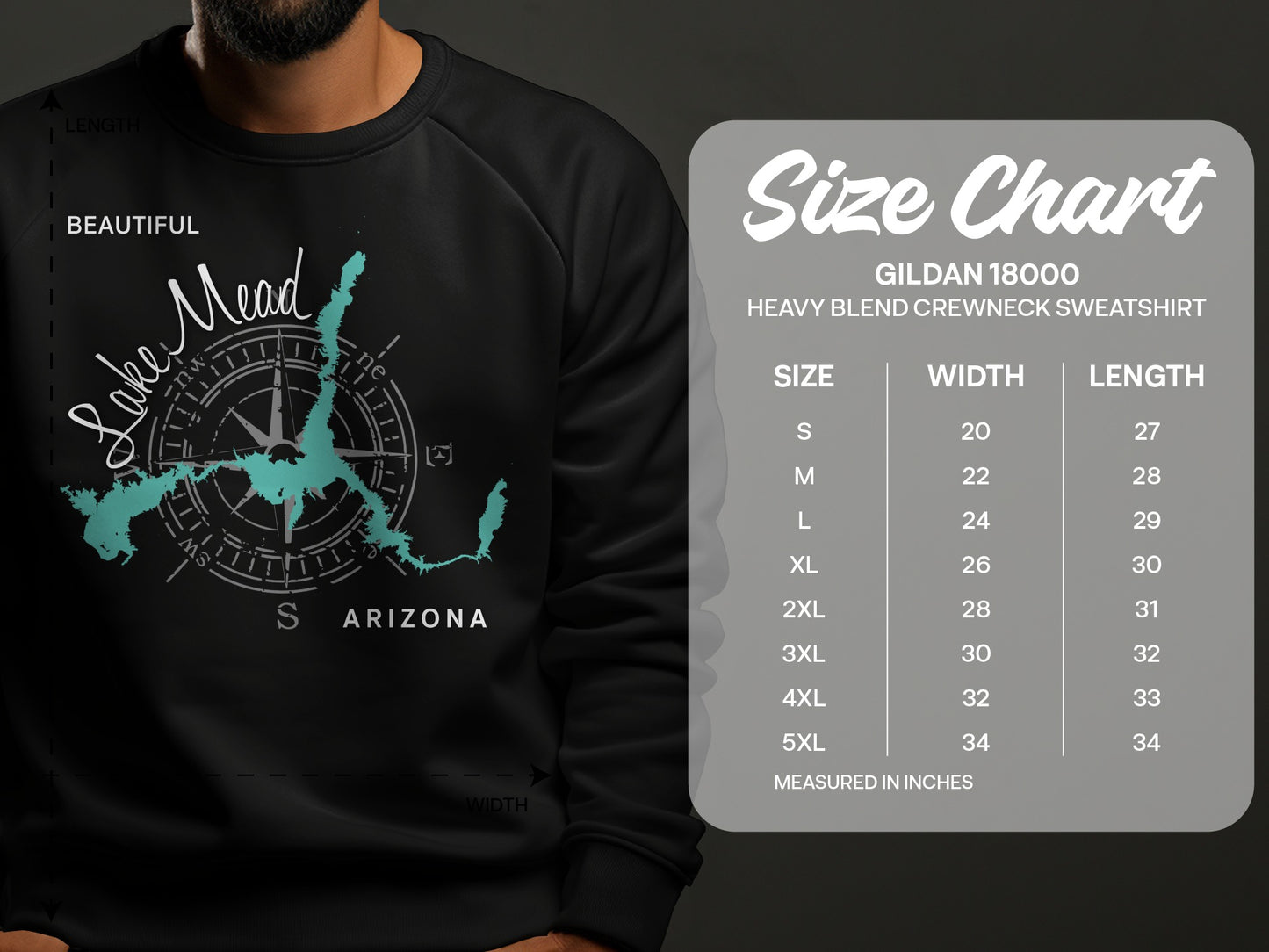 Crewneck sweatshirt with Lake Mead compass design and size chart.