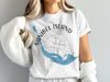 White t-shirt with Sanibel Island Florida map and compass design.