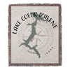 Lake Coeur d'Alene Idaho map on fringed woven blanket with compass rose.