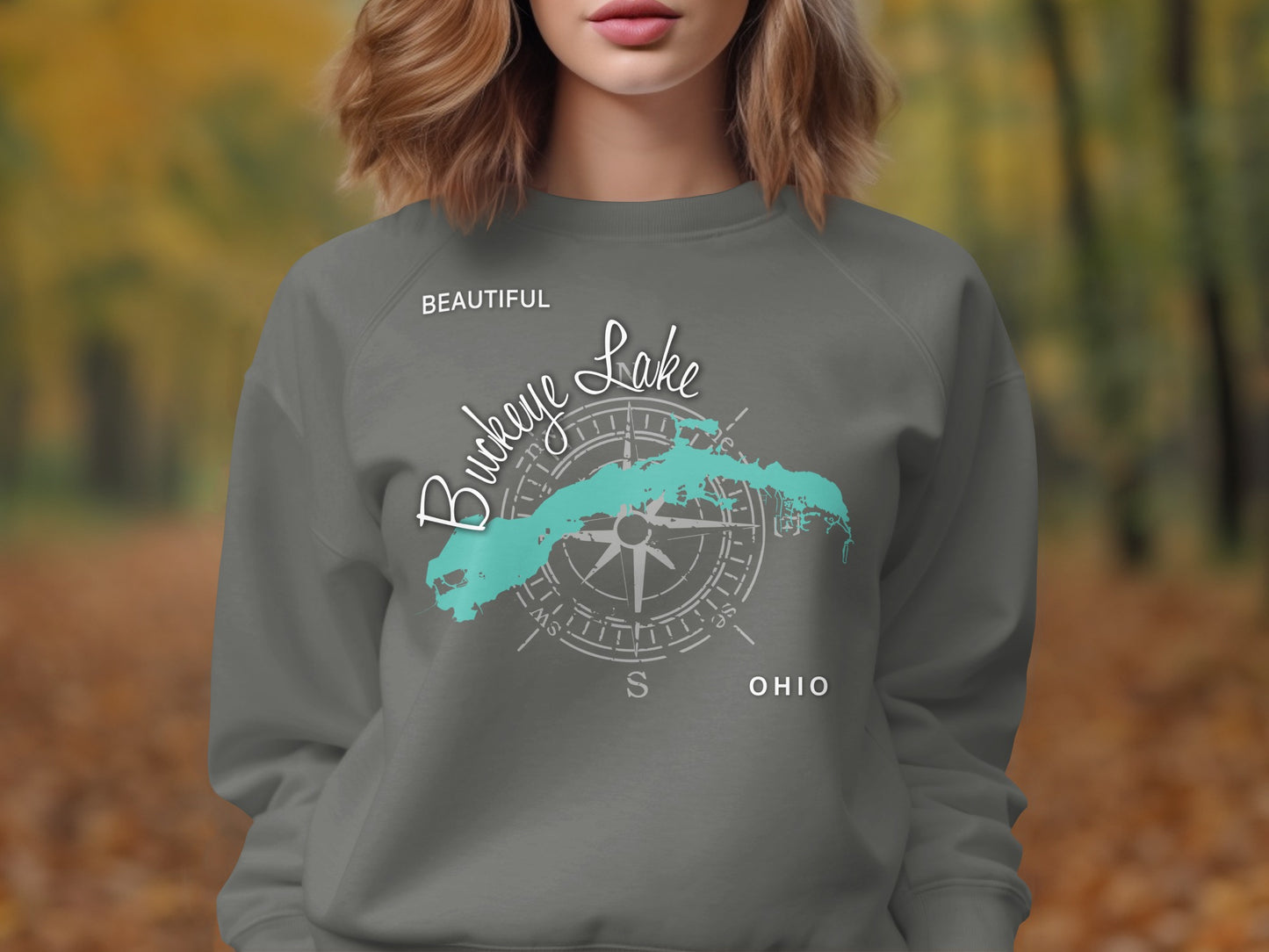 Grey sweatshirt with "Buckeye Lake" and compass graphic.