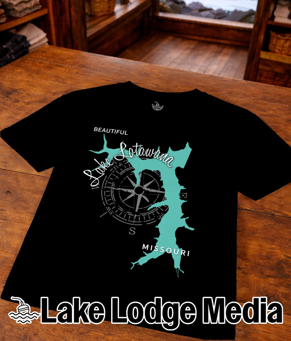 Black t-shirt with Lake Lotawana Missouri map and compass design.