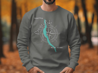 Gray sweatshirt with Cayuga Lake map and compass design.
