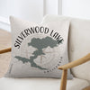 Pillow with Silverwood Lake California map and compass rose design.