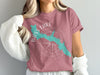 Pink t-shirt with teal Bass Lake California map and compass graphic.