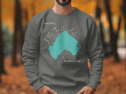 Grey sweatshirt with "Little Turtle Lake Minnesota" text and lake outline.