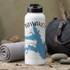 White tumbler with "TAWAKONI" text and a blue lake map graphic.