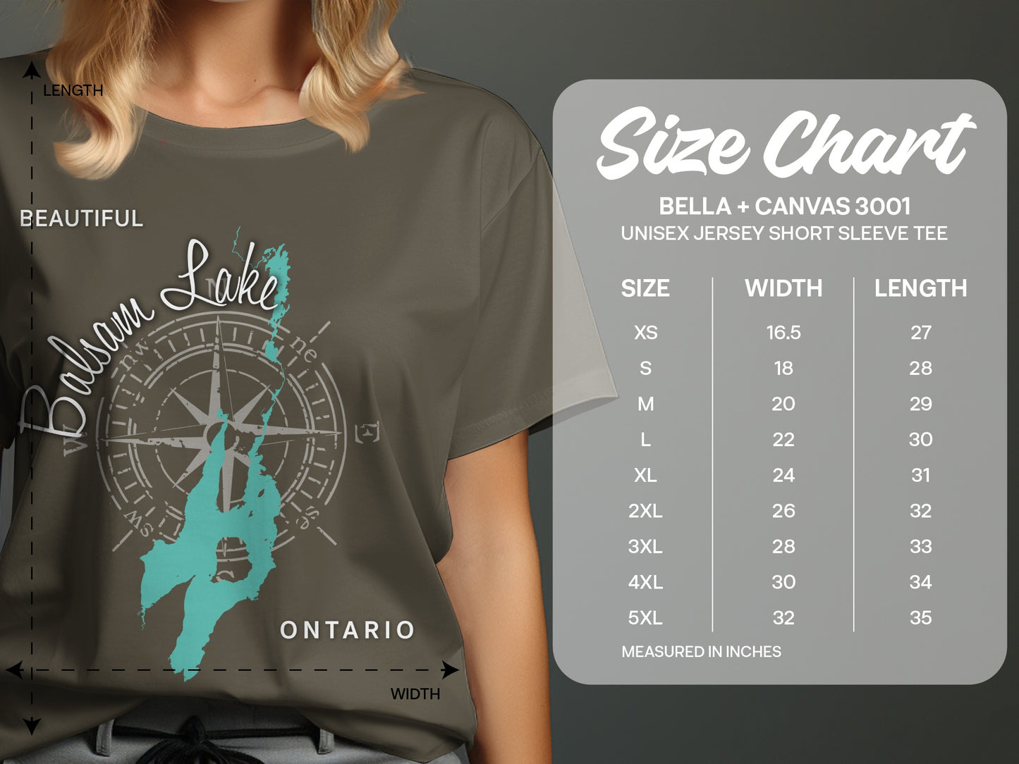T-shirt with Balsam Lake Ontario graphic and size chart.