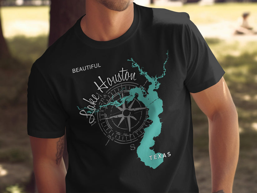 Black t-shirt with turquoise Lake Houston map and compass design.
