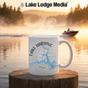 White mug with Lake Harding, Georgia map and compass design on a scenic lake background.