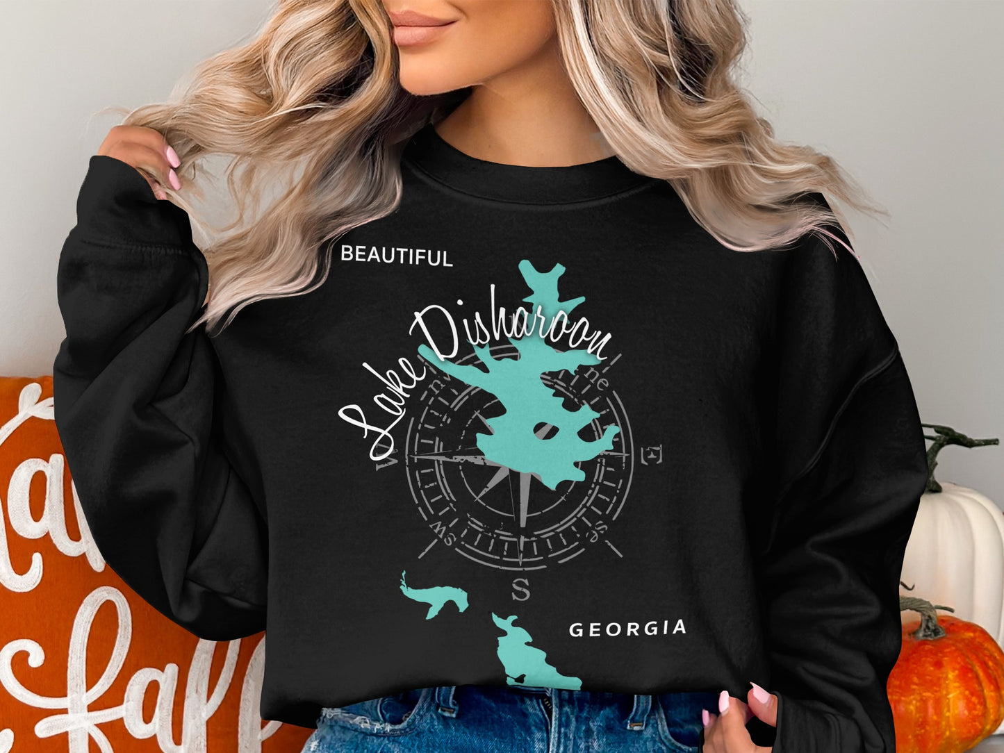 Black sweatshirt with a teal map of Lake Disharoon, Georgia and compass rose graphic.