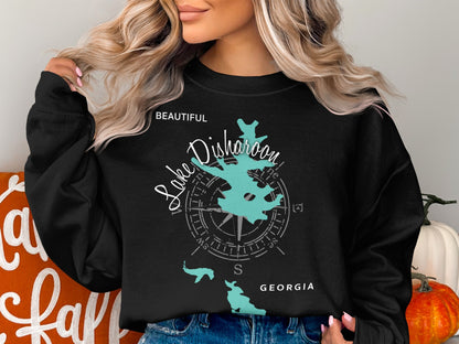 Black sweatshirt with a teal map of Lake Disharoon, Georgia and compass rose graphic.