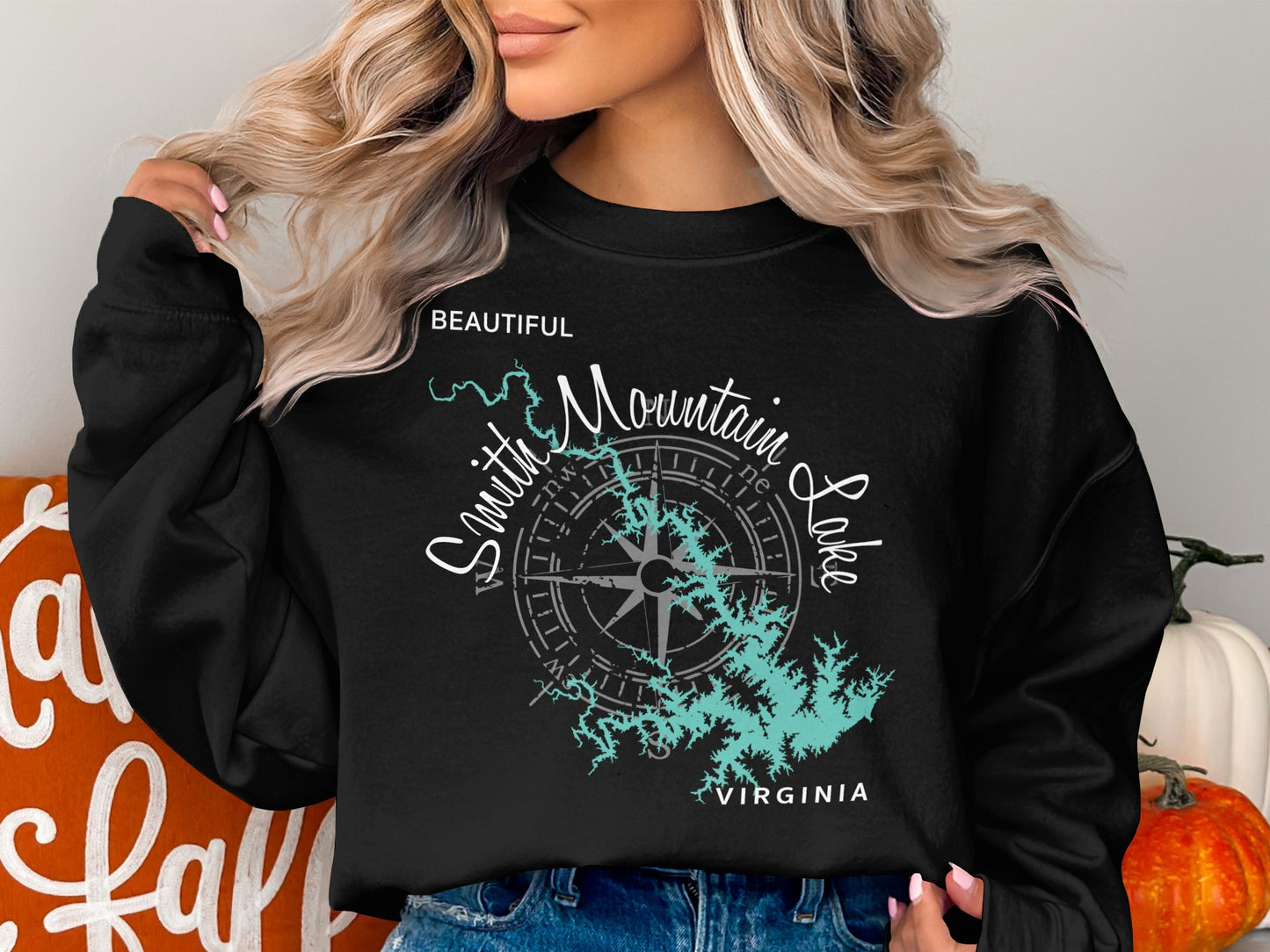 Black sweatshirt with "Beautiful Smith Mountain Lake Virginia" graphic.