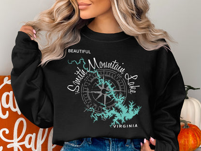 Black sweatshirt with "Beautiful Smith Mountain Lake Virginia" graphic.