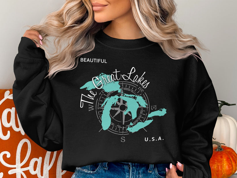 Black sweatshirt with "The Great Lakes" map and compass graphic.