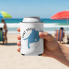 Lake Simcoe Ontario map can cooler held on beach with ocean and umbrellas.