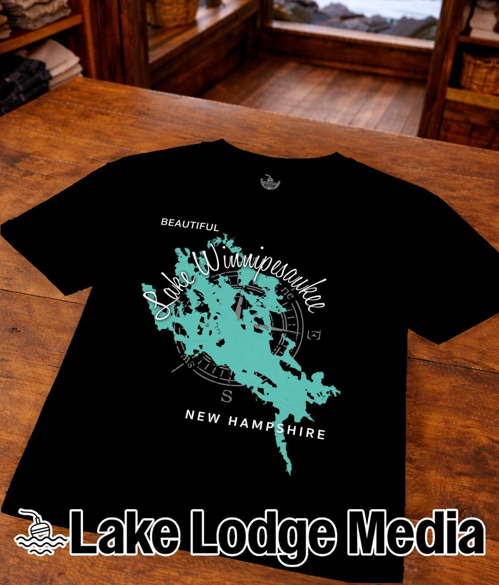 Black t-shirt featuring a teal map of Lake Winnipesaukee, New Hampshire.