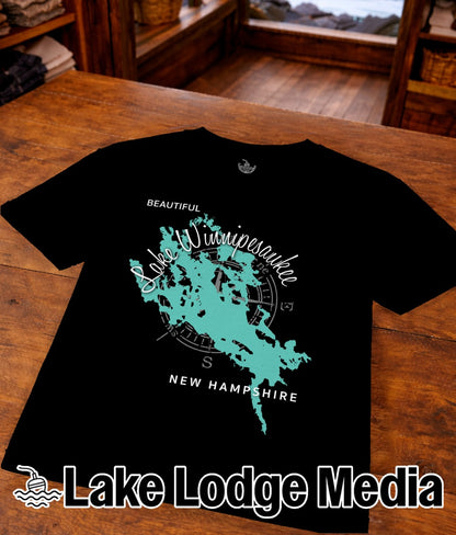 Black t-shirt featuring a teal map of Lake Winnipesaukee, New Hampshire.