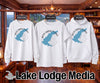 White sweatshirt, t-shirt, and hoodie feature a blue map of Ross Barnett Lake with compass graphic.