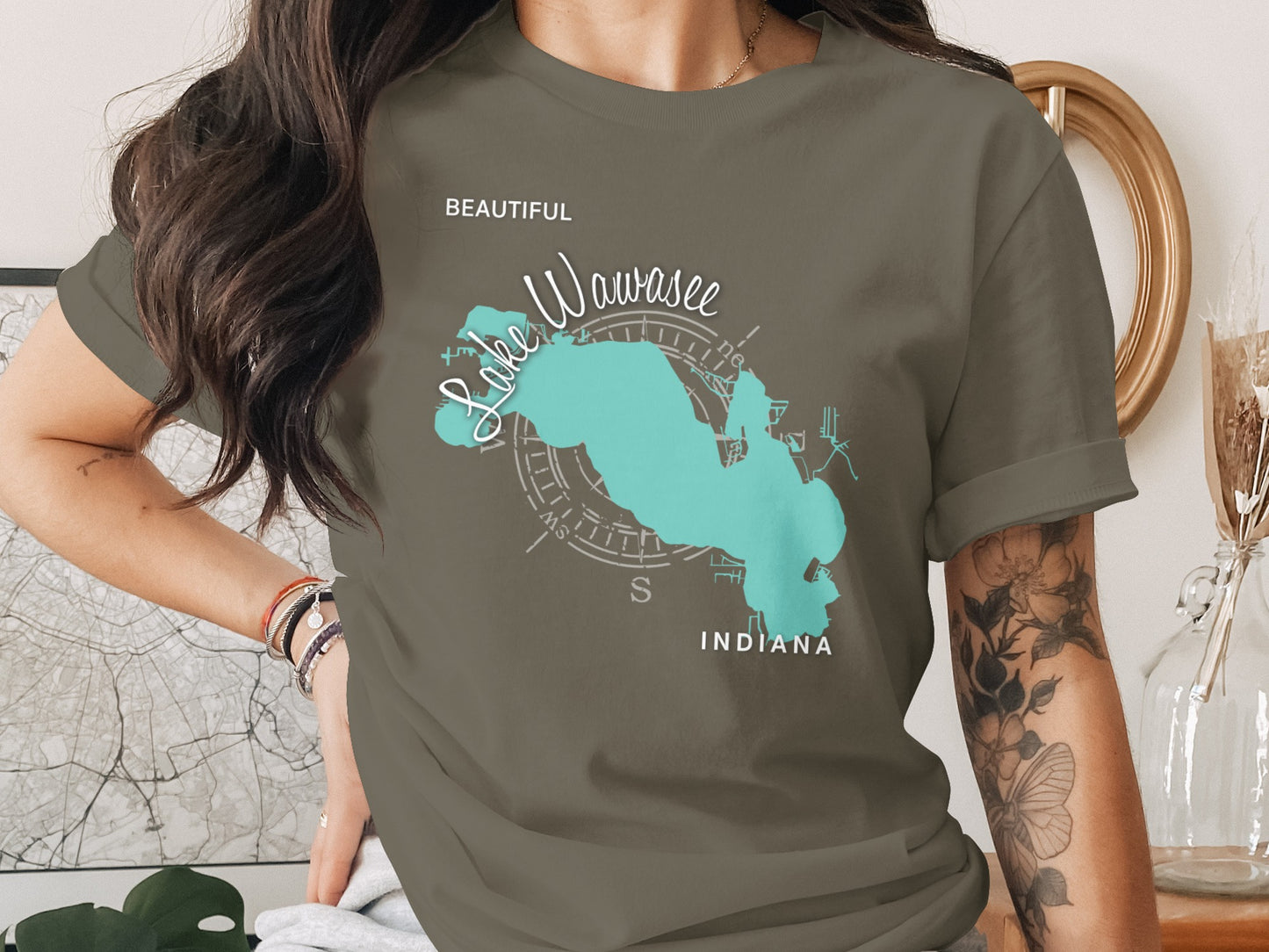 T-shirt with Lake Wawasee Indiana map design and compass.