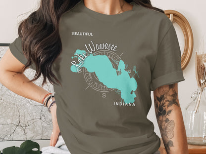 T-shirt with Lake Wawasee Indiana map design and compass.