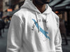 White hoodie with a blue map of Lacamas Lake, Washington, and compass graphic.
