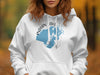 White hoodie with blue map graphic of Indian Lake, Ohio and compass rose.
