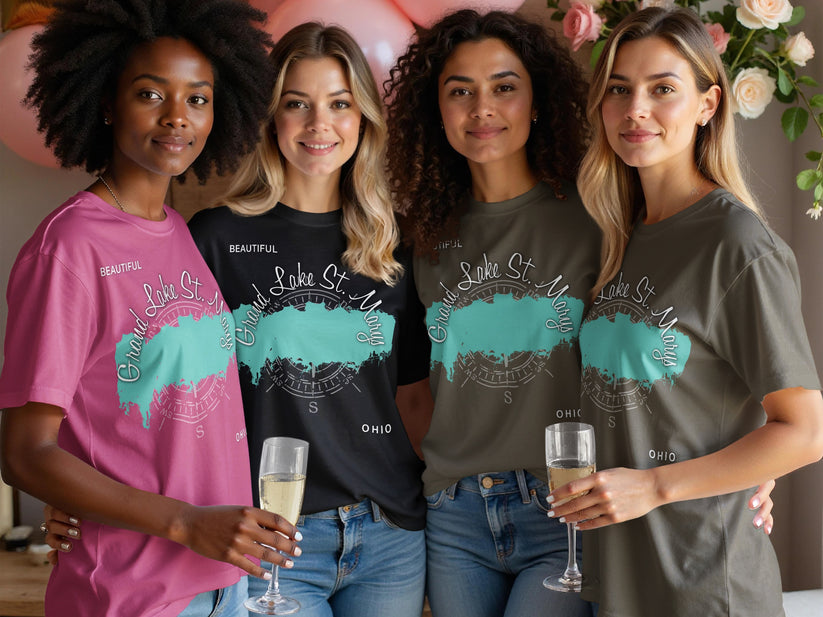 Four women in t-shirts with "Grand Lake St. Marys Ohio" design.